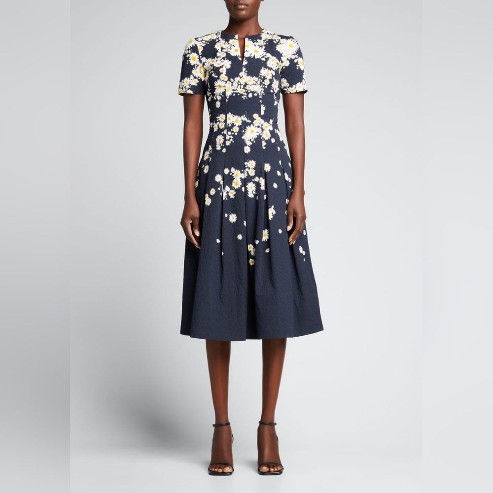 $2,690 NEW OSCAR DE LA RENTA NAVY WHITE DAISY SILK LINED MIDI DRESS US 10 L